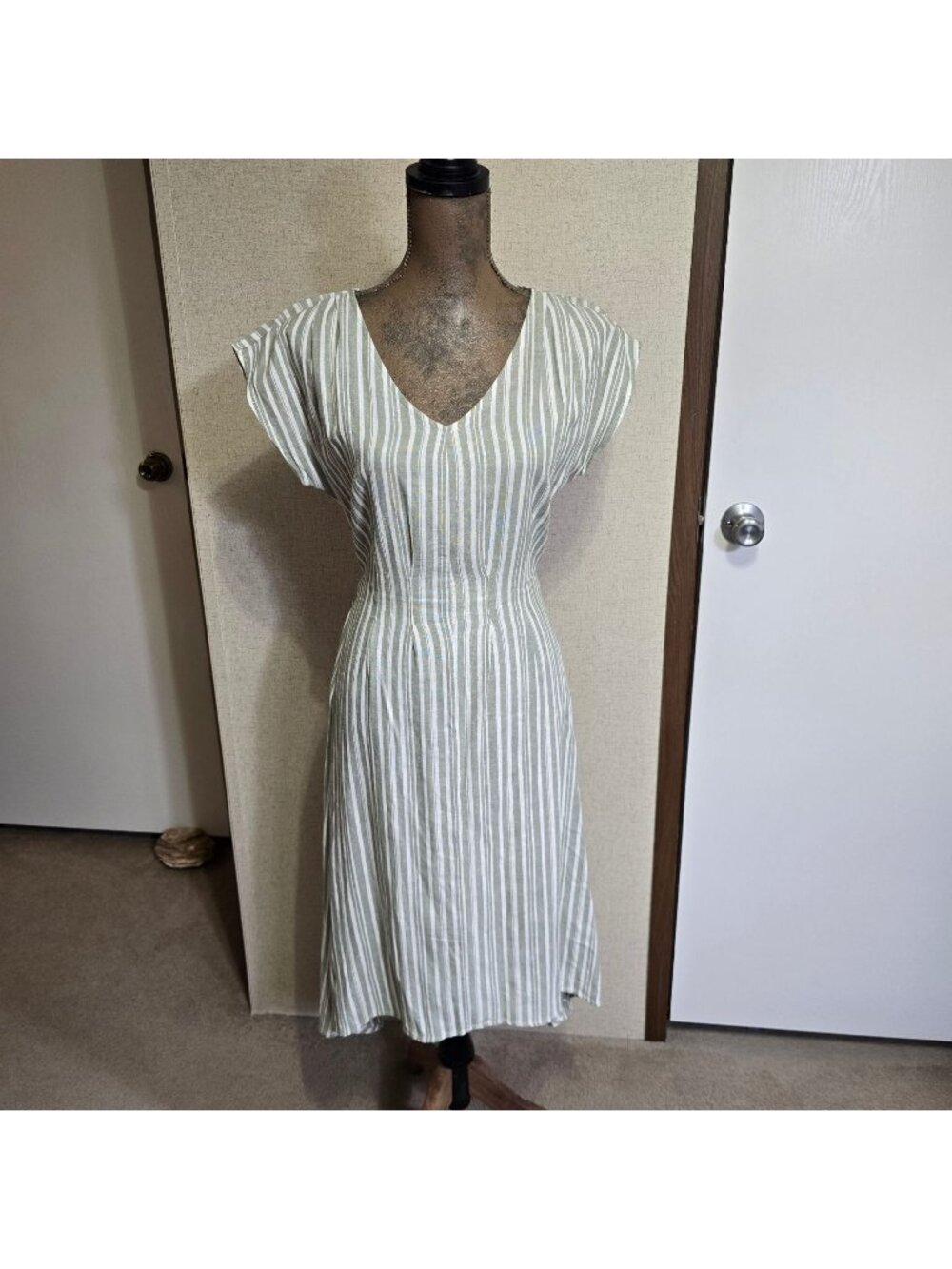 Naif L Striped Midi Dress Olive Green White Tie Back Cottage Core Linen Blend